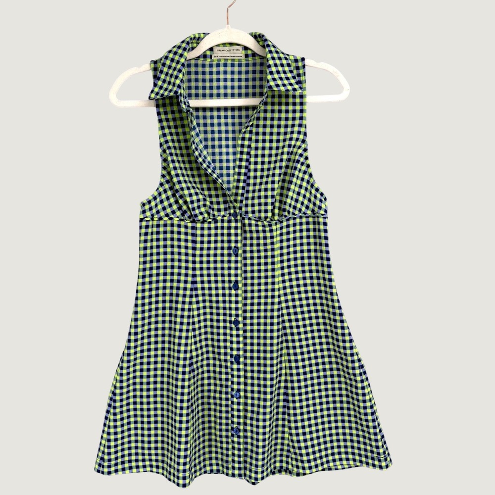 Urban Outfitters Tia Gingham Button Front Mini Dress Size M Collared Yellow Blue